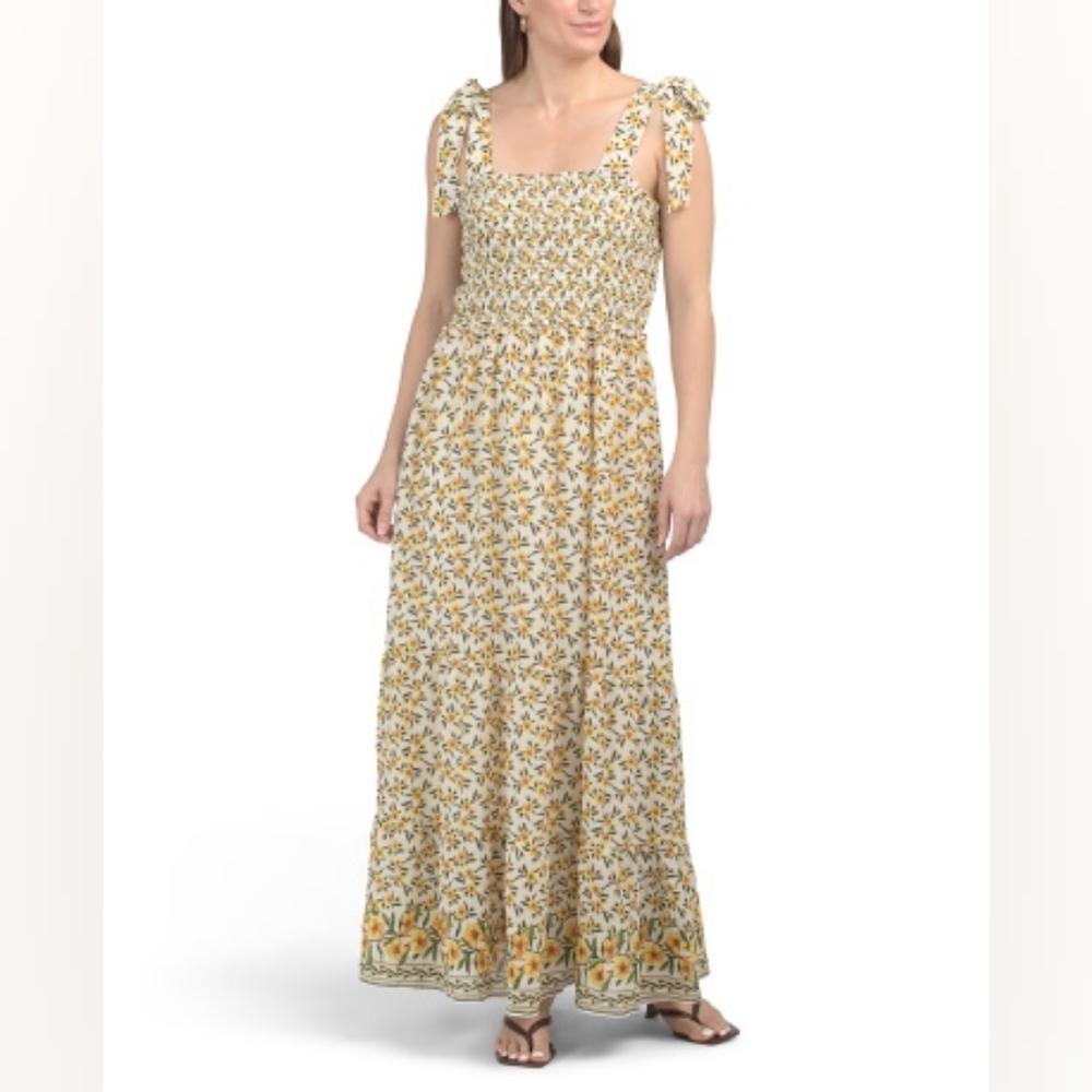 NWT -Max Studio Self Tie Floral Print Smocked Bodice Stretch Maxi Dress- Size L